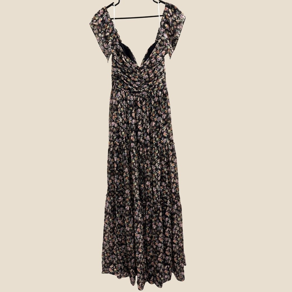 Jenny Yoo Naia Floral Burnout Silk Blend Off Shoulder Maxi Dress Black Multi 12 - Picture 3 of 12